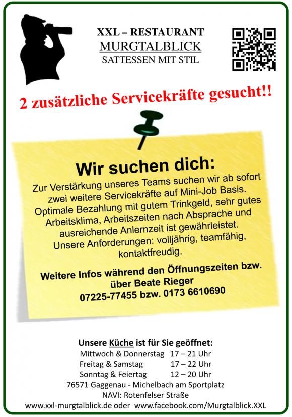 Verstärkung in der Sportgaststätte "XXL Murgtalblick" gesucht